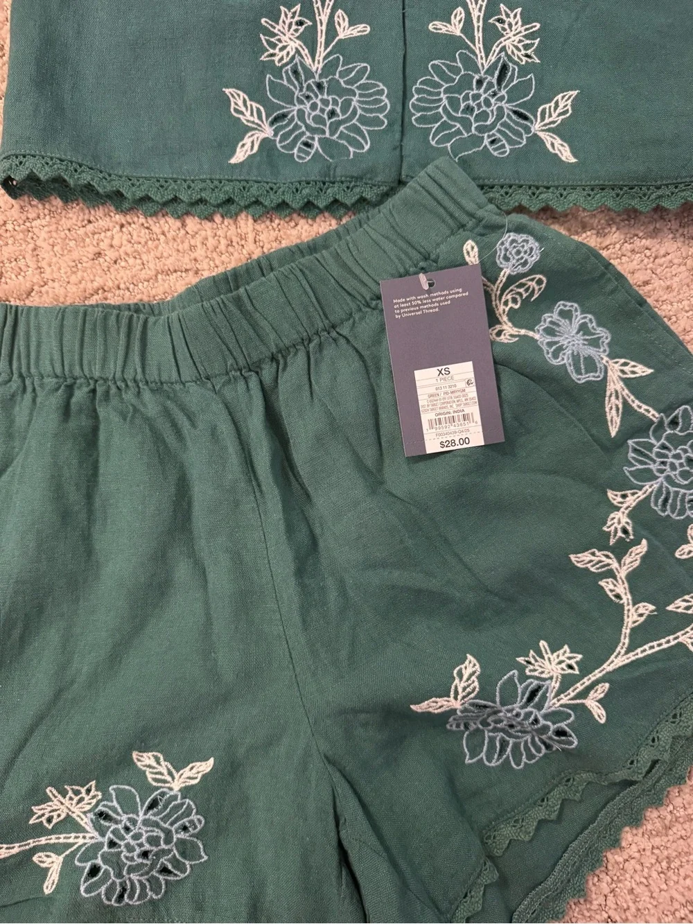 Universal Thread Green Floral Embroidered Linen Blend Matching Set XS